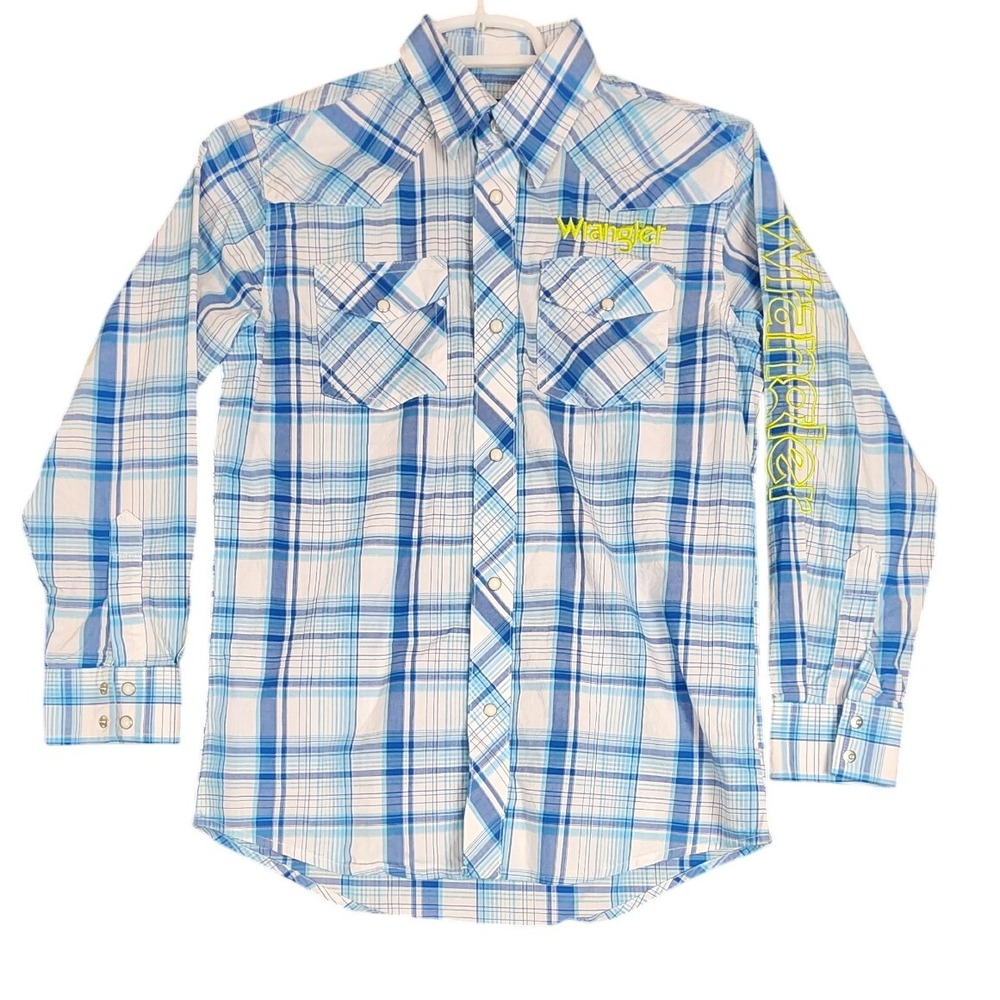Wrangler Plaid Western Shirt Long Sleeve Blue White Embroidered Cowboy Large‎